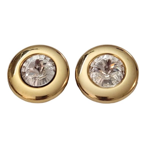 Gold Tone Clear Center Rivoli Rhinestone Clip On Earrings K848 - Picture 3 of 11